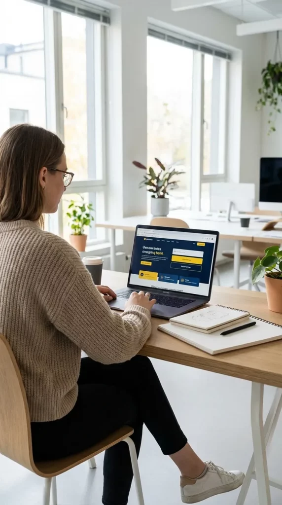 Frau arbeitet am Laptop an einer gut lesbaren Website in einem hellen Büro – Symbolbild für barrierefreies Webdesign