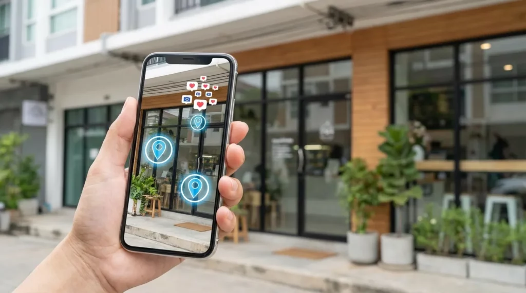 Smartphone mit Google-Maps-Ansicht und Standort-Pins vor einem Ladengeschäft – Symbolbild für lokale Sichtbarkeit mit dem Google-Unternehmensprofil