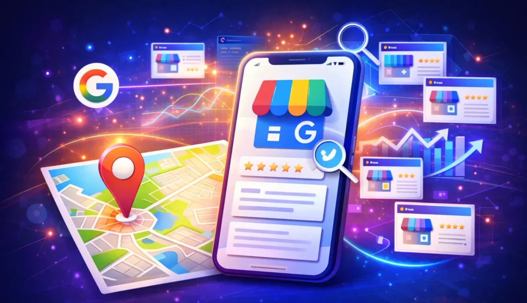 Google My Business optimieren: Smartphone mit Google Unternehmensprofil, Kartenpin und Bewertungssternen – Symbolbild für mehr lokale Sichtbarkeit in Google Maps