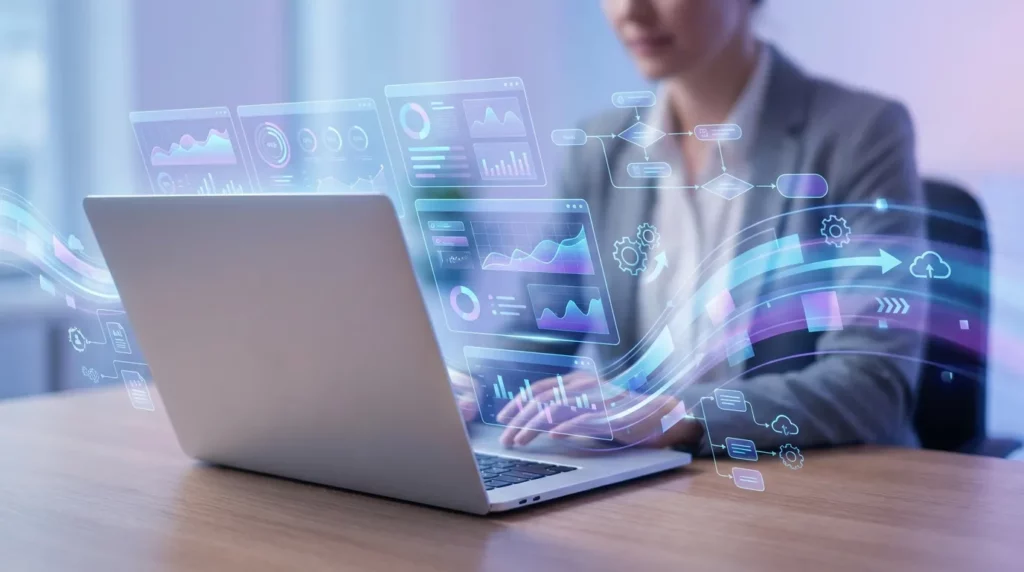 KI im Marketing: Frau am Laptop mit eingeblendeten Dashboards, Diagrammen und automatisierten Abläufen – Symbolbild für intelligente Marketing-Automatisierung