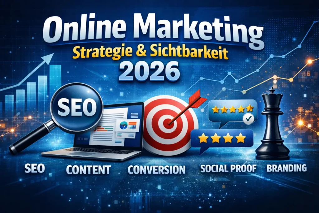 Grafik Online Marketing Strategie und Sichtbarkeit 2026 mit Symbolen für SEO, Content, Conversion, Bewertungen und Branding