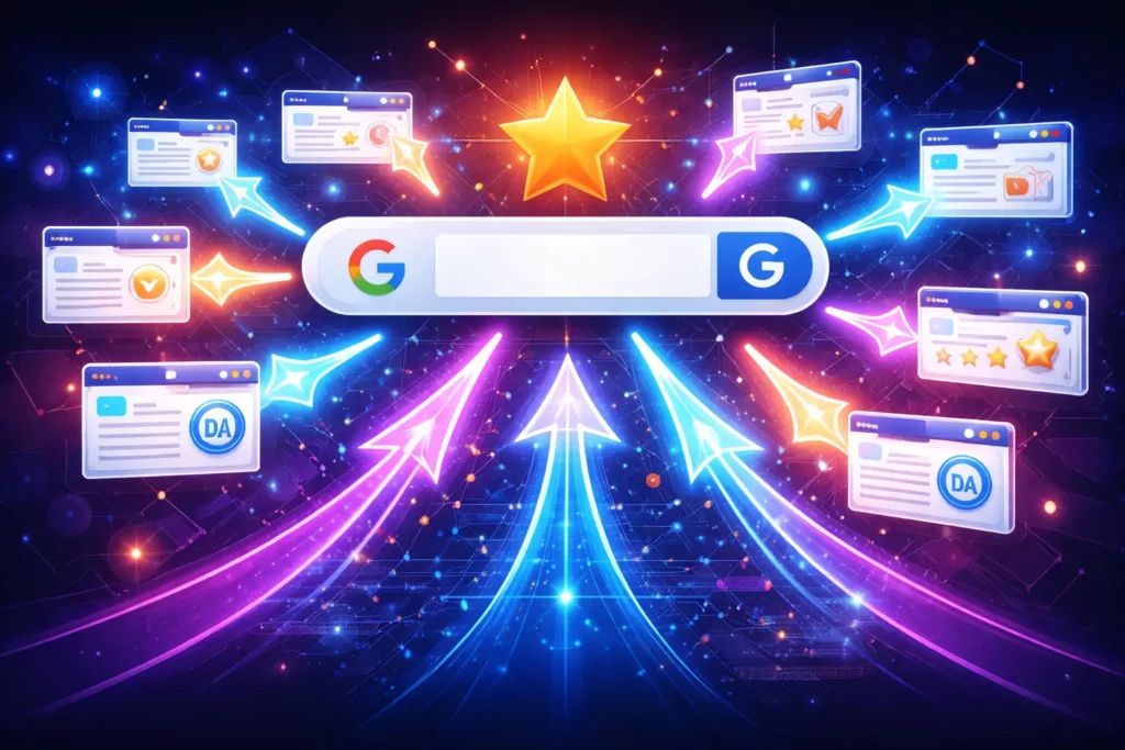 Linkbuilding für Google: Pfeile von verschiedenen Websites zeigen auf eine Google-Suchleiste – Symbolbild für Backlinks und Autorität