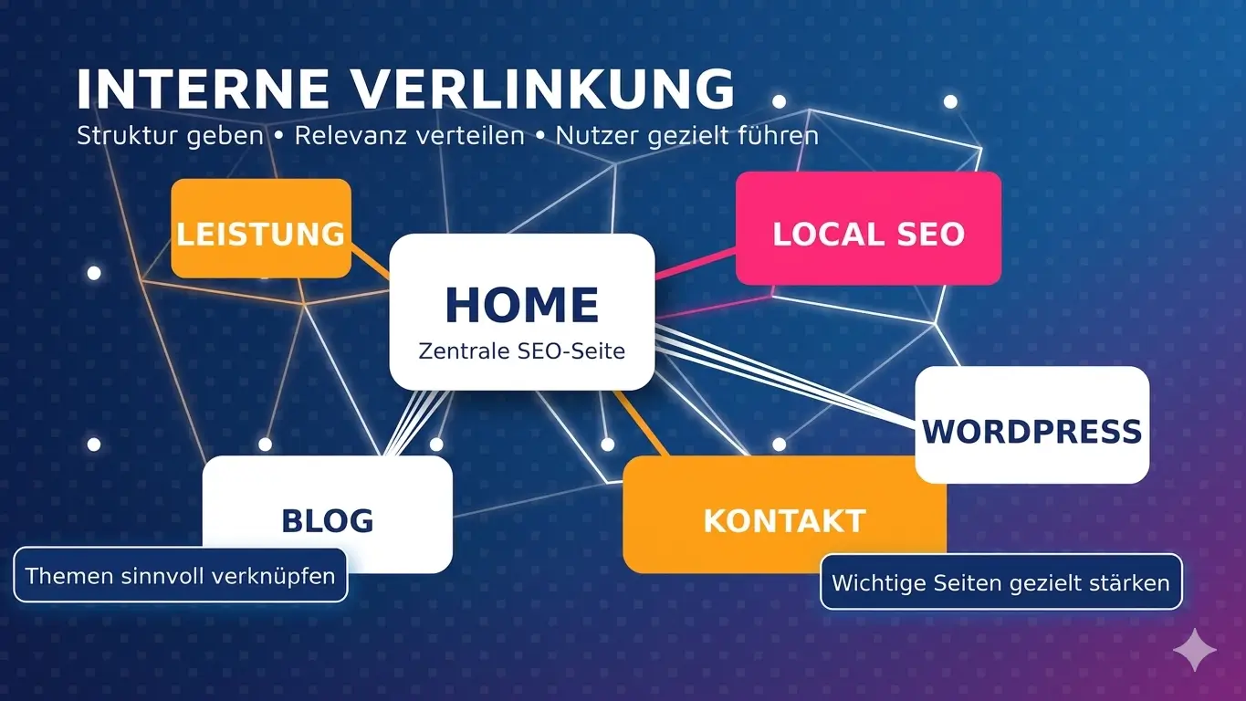 Interne Verlinkung einer Unternehmenswebsite: Startseite als Zentrum, verbunden mit Leistung, Blog, Kontakt, Local SEO und WordPress