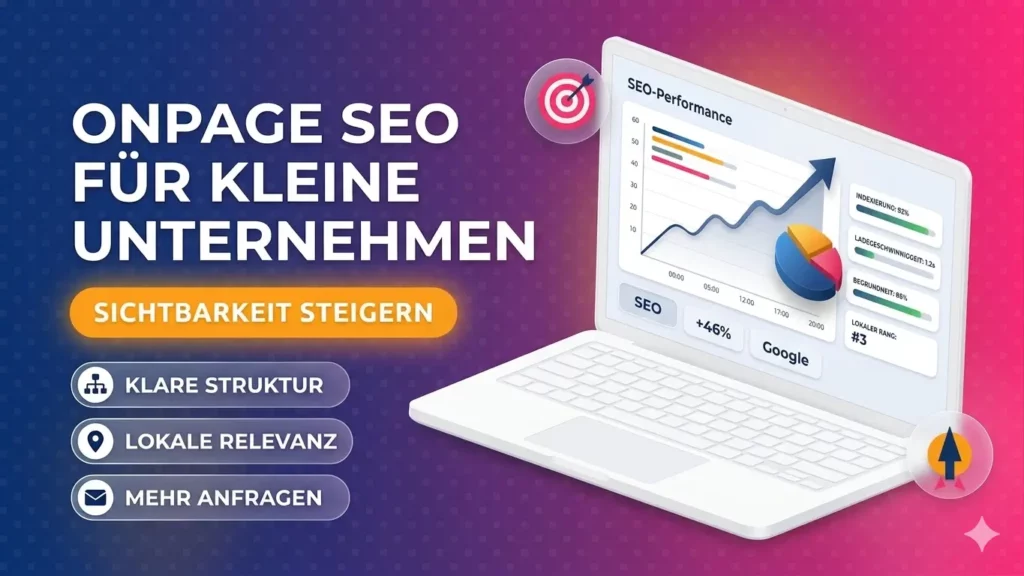 OnPage SEO für kleine Unternehmen: Laptop mit SEO-Performance-Dashboard, klare Struktur, lokale Relevanz und mehr Anfragen