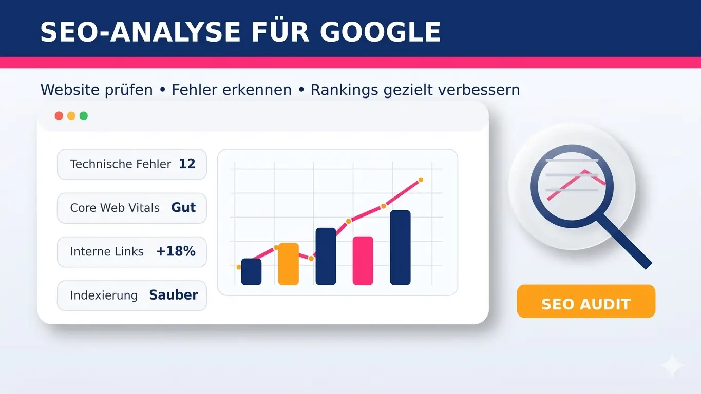 SEO-Analyse für Google: Dashboard mit technischen Fehlern, Core Web Vitals, internen Links und Indexierung neben einer Audit-Lupe