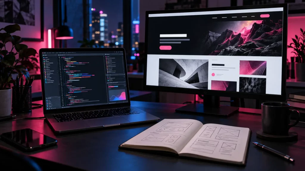 Nächtlicher Arbeitsplatz mit Code-Editor, Website-Entwurf in Schwarz und Pink und Wireframe-Skizzen
