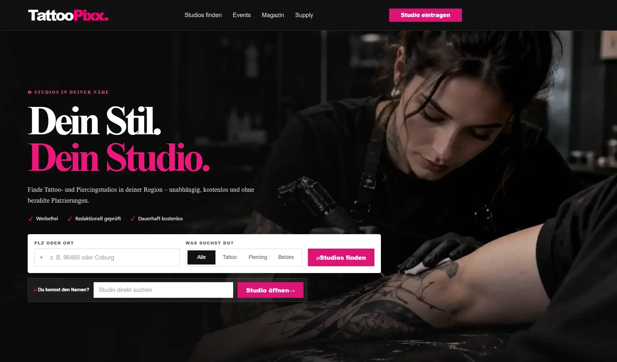 Startseite von TattooPixx mit Studiosuche nach PLZ, Ort oder Namen