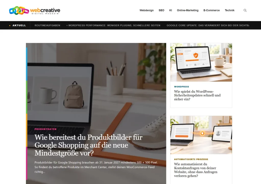 Startseite des Webcreative Digital Magazins mit Newsticker, Top-Thema und Ratgebern