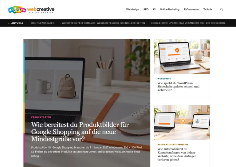 Startseite des Webcreative Digital Magazins zu Webdesign, SEO und KI