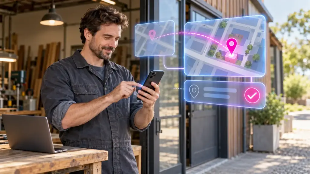 Google Maps falsche Adresse korrigieren: Handwerker prüft auf dem Smartphone den Standort seines Betriebs, darüber schweben Karten mit Standortmarkierung