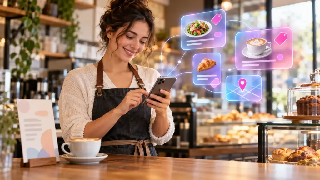 Google Speisekarte hinzufügen: Café-Inhaberin bearbeitet am Smartphone ihre Speisekarte, daneben schweben digitale Menükarten