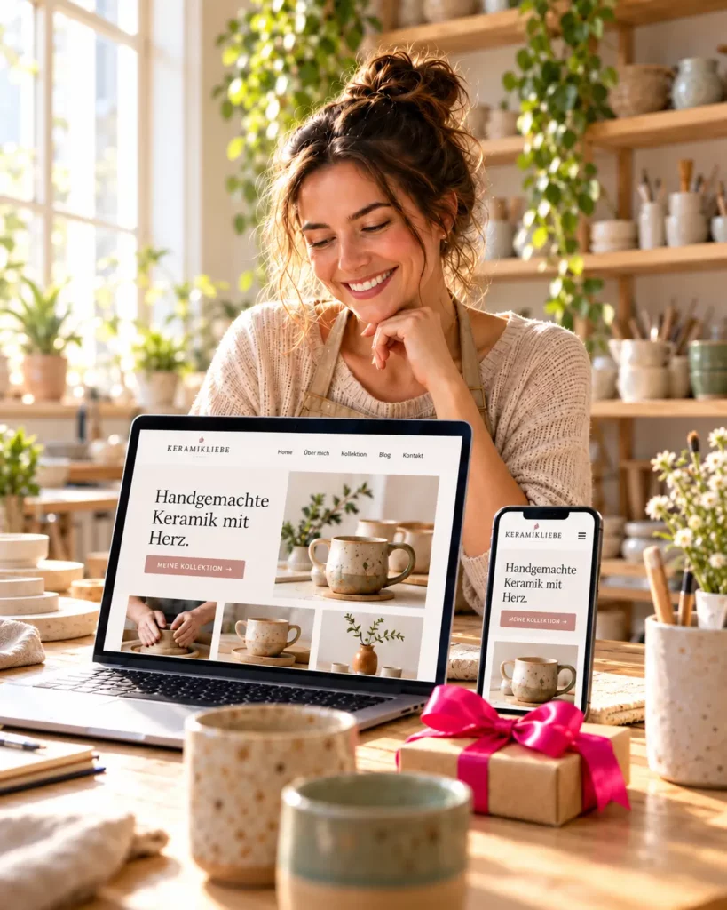 Symbolbild: Selbstständige Keramikerin mit Laptop in ihrer Werkstatt (KI-generiert)