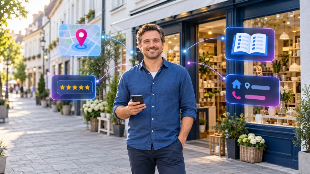 Inhaber eines kleinen Ladengeschäfts mit Smartphone vor seinem Laden, umgeben von digitalen Einträgen wie Kartenpin, Bewertungen, Branchenbuch und Firmendaten