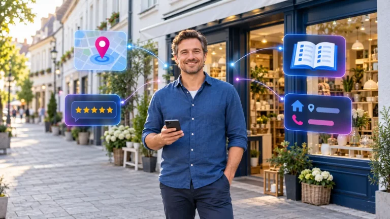 Inhaber eines kleinen Ladengeschäfts mit Smartphone vor seinem Laden, umgeben von digitalen Einträgen wie Kartenpin, Bewertungen, Branchenbuch und Firmendaten