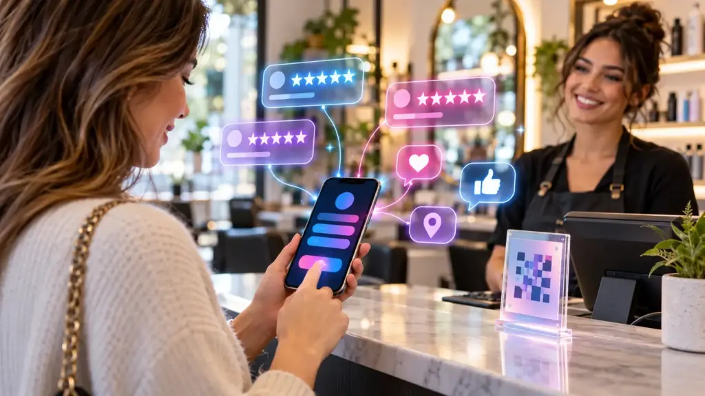 Mehr Google-Bewertungen bekommen: Kundin hält Smartphone an der Ladentheke, darüber leuchten Bewertungssterne und Sprechblasen