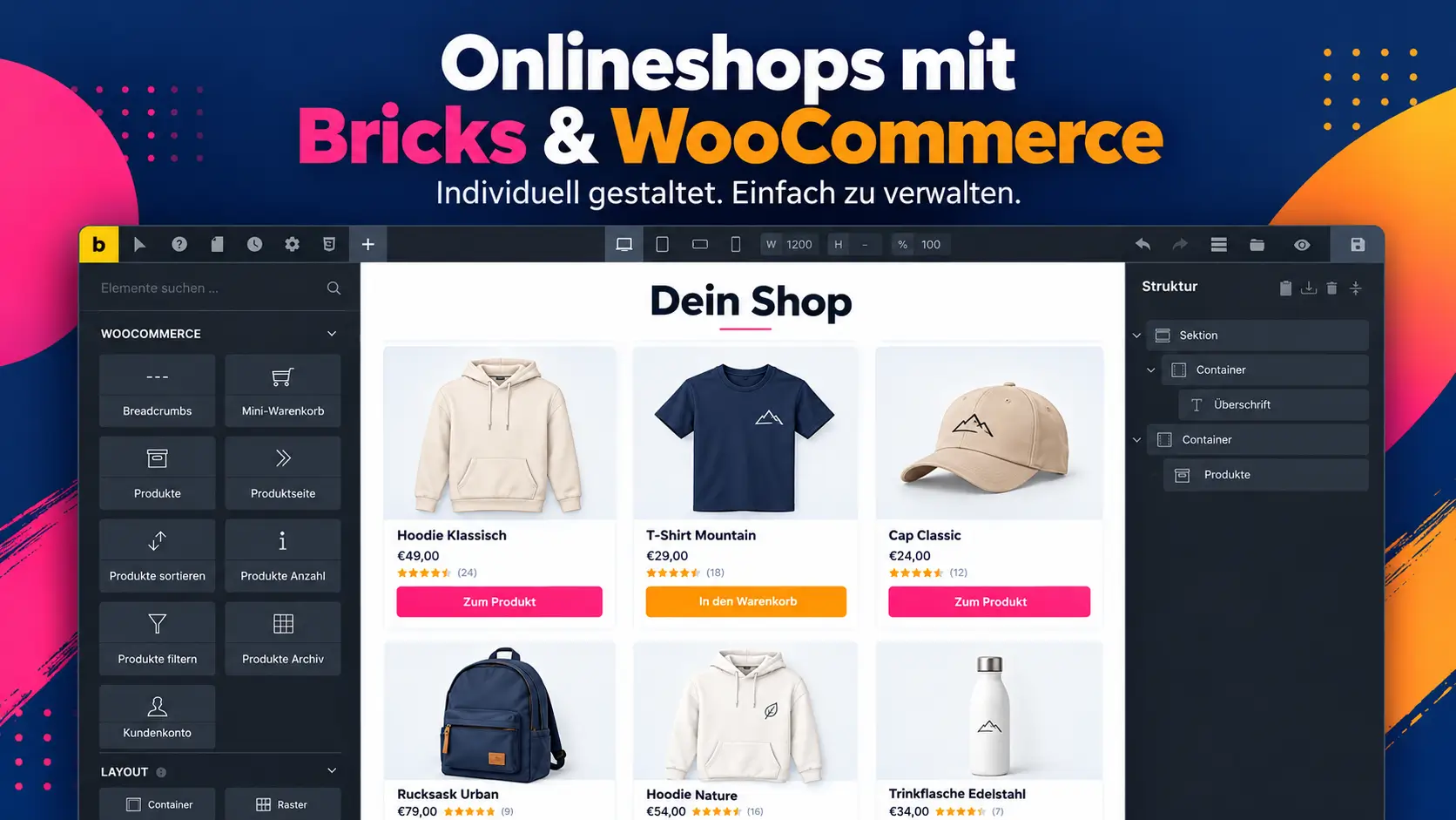 Grafik: Onlineshops mit Bricks und WooCommerce – Bricks-Editor mit WooCommerce-Elementen und einer Beispiel-Shopseite mit Produkten