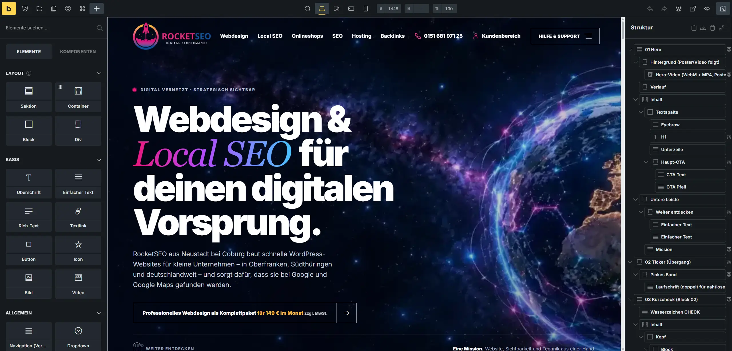 Die Startseite von rocketseo.de im Bricks-Editor mit Elementliste links und Strukturbaum rechts