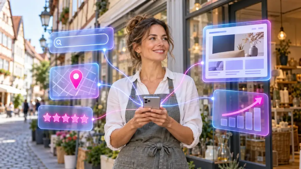 SEO für kleine Unternehmen: Inhaberin vor ihrem Geschäft mit Smartphone, umgeben von Symbolen für Suche, Kartenpin, Bewertungen und Website