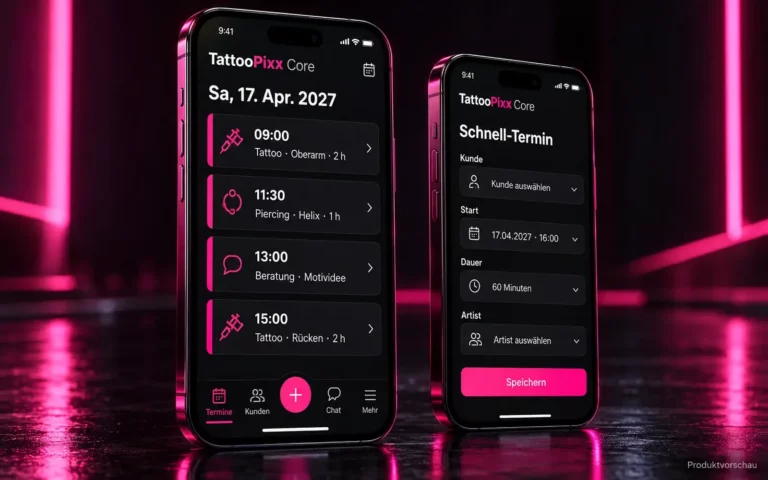 TattooPixx Core auf dem Smartphone mit Tagesansicht und Schnell-Termin