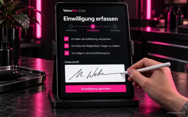 Digitale Einwilligung mit Unterschrift am Tablet in TattooPixx Core