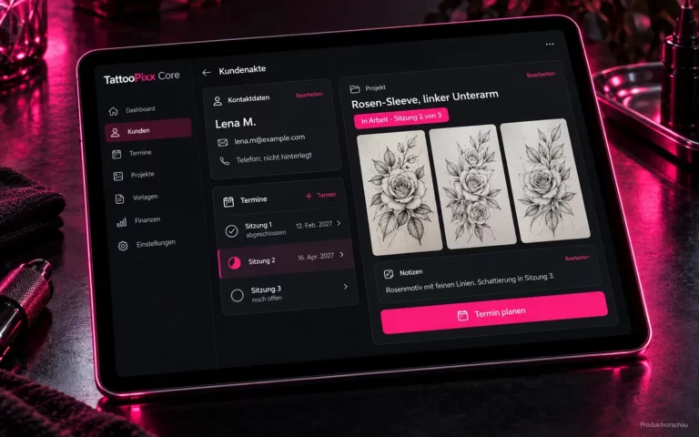 Kundenakte in TattooPixx Core mit Projekt und Referenzbildern auf einem Tablet