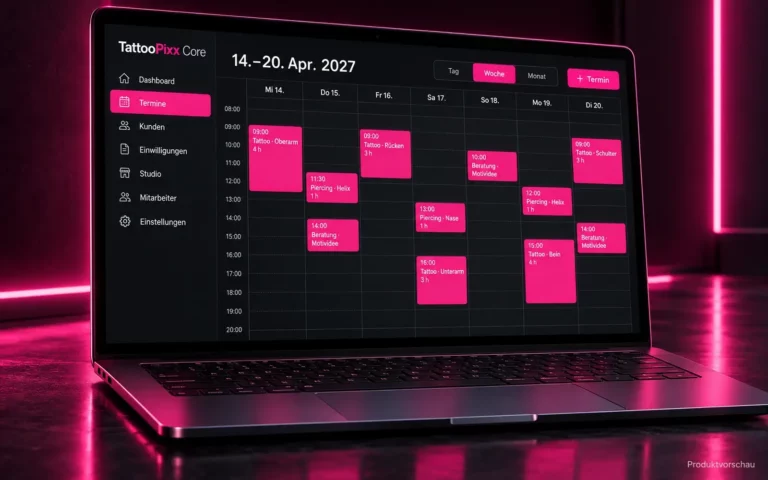 Terminkalender von TattooPixx Core in der Wochenansicht auf einem Laptop