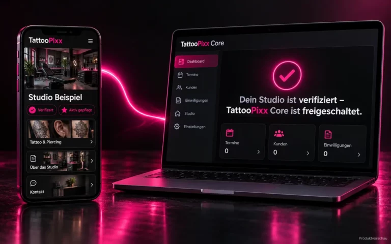 Freischaltung von TattooPixx Core nach Verifizierung des Studios