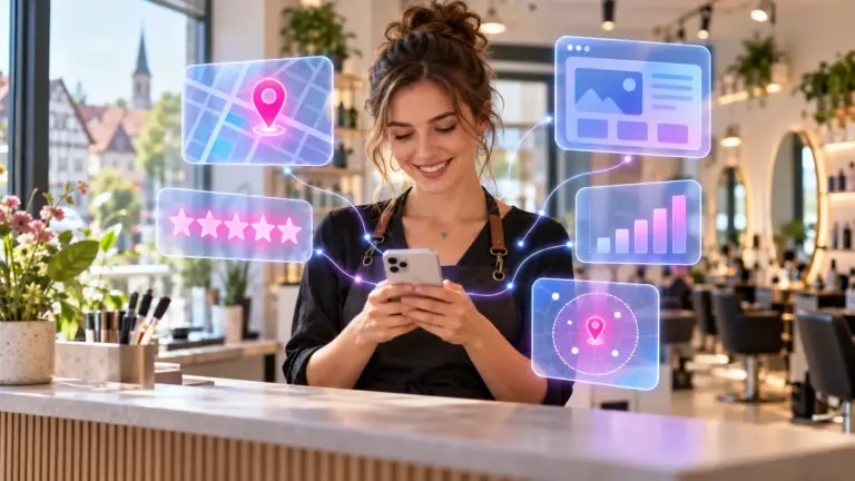 Was ist Local SEO: Inhaberin eines Friseursalons mit Smartphone, umgeben von leuchtenden Karten mit Kartenpin, Sternen und Website-Symbol