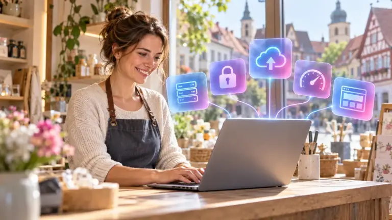 Was ist WordPress Hosting: Ladeninhaberin arbeitet am Laptop, darüber schweben Symbole für Server, Sicherheit, Cloud, Geschwindigkeit und Website