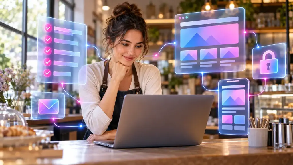 Website für kleine Unternehmen: Café-Inhaberin am Tresen mit Laptop, umgeben von Checklisten- und Website-Symbolen
