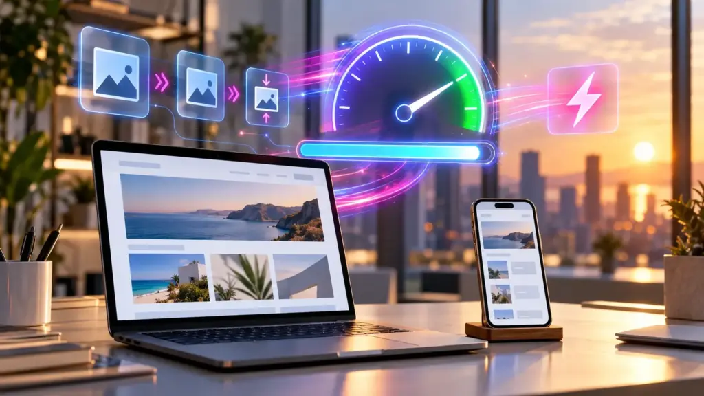 Website-Ladezeit verbessern: Laptop mit Website, darüber ein leuchtender Tacho und Ladebalken als Hologramm