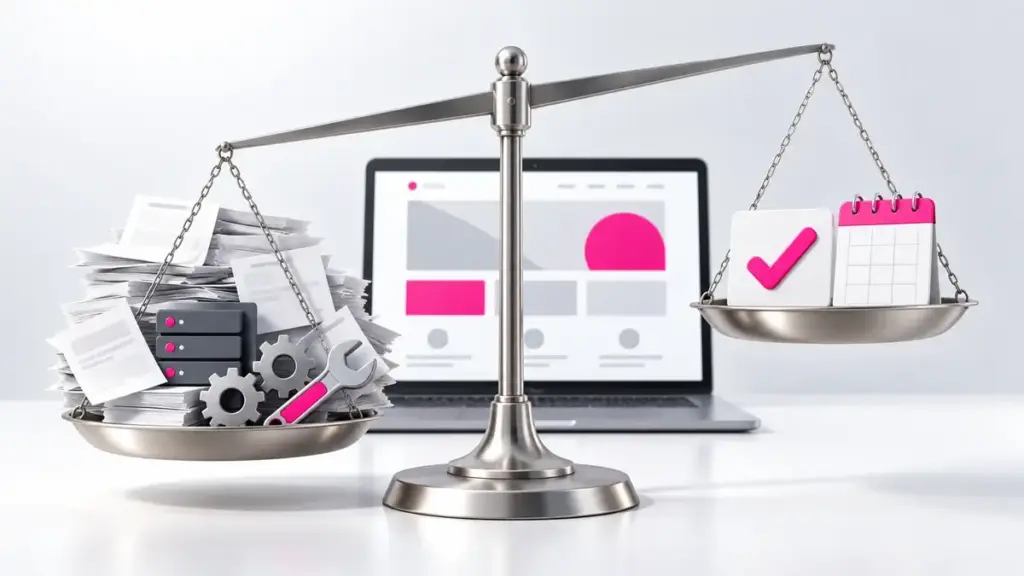Website mieten oder kaufen: Waage mit vielen Einzelrechnungen gegen einen festen Monatspreis