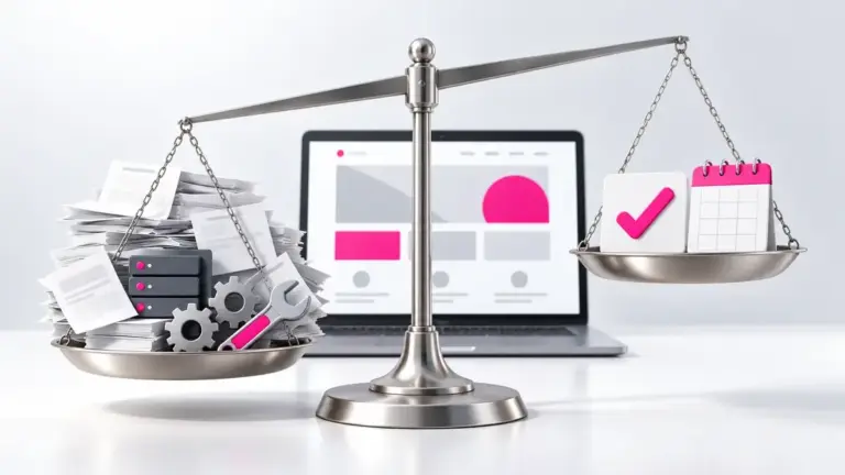 Website mieten oder kaufen: Waage mit vielen Einzelrechnungen gegen einen festen Monatspreis