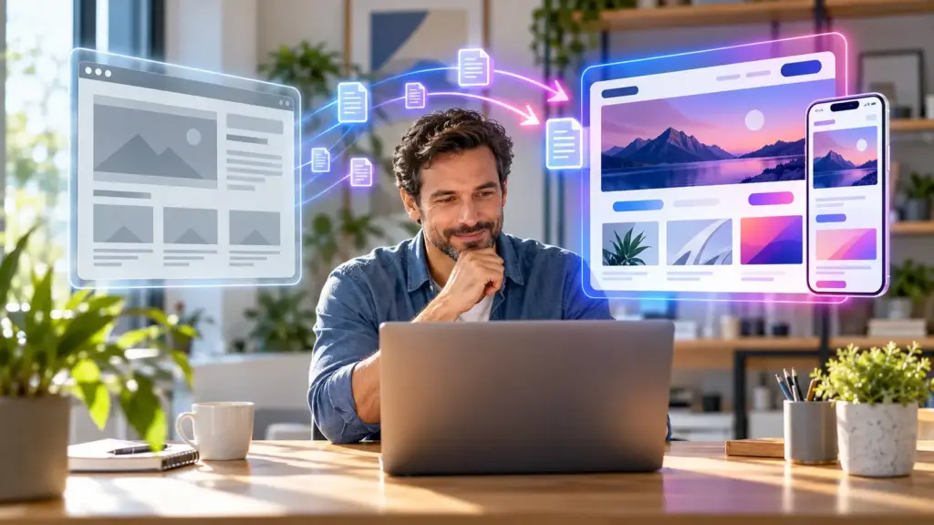 Website Relaunch: Inhaber am Laptop, daneben schweben die alte und die neue Website als Hologramm, verbunden durch leuchtende Pfeile