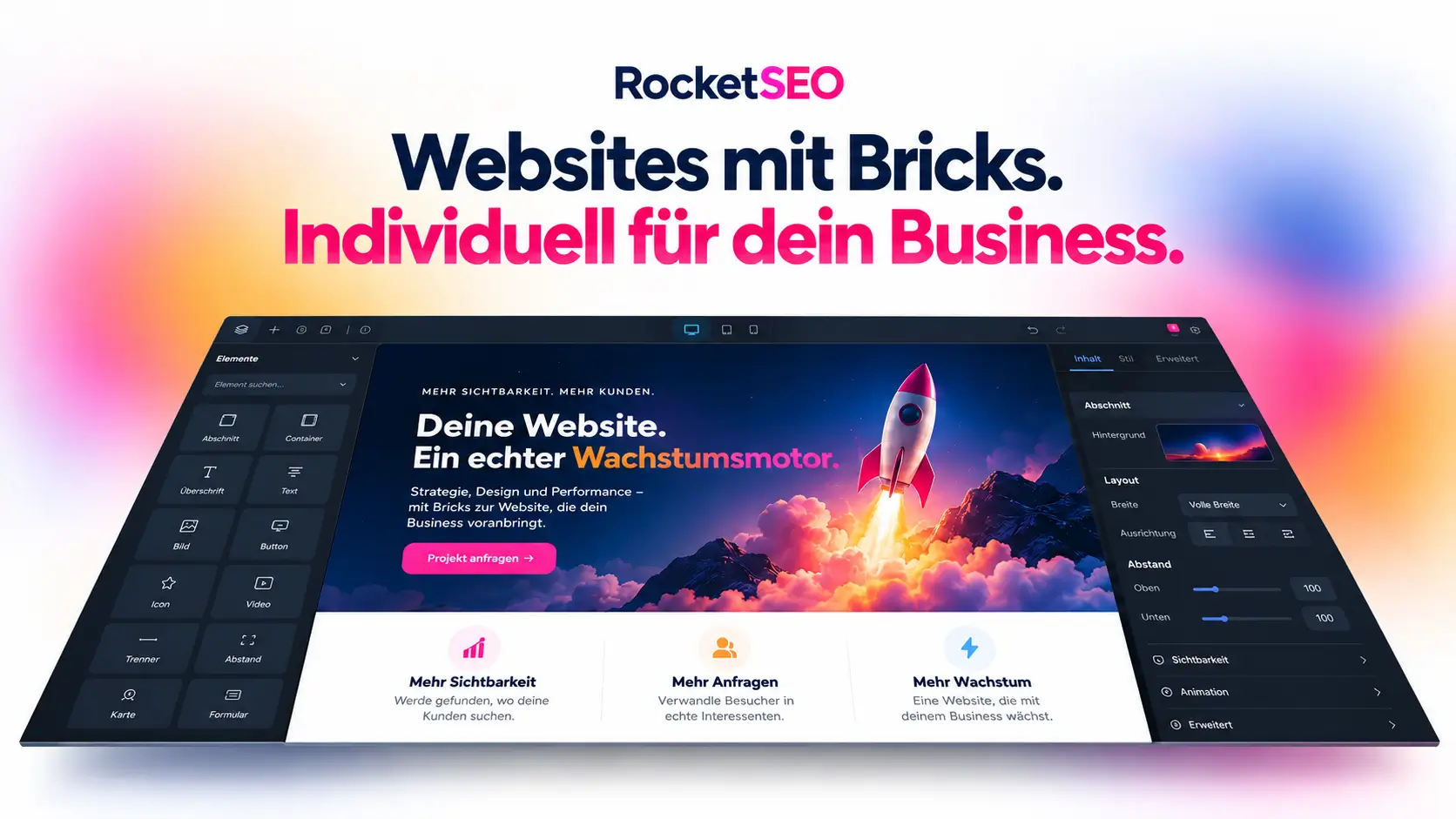 Grafik von RocketSEO: Websites mit Bricks, individuell für dein Business – Bricks-Editor mit Elementen, Einstellungen und einer Beispiel-Website mit Rakete